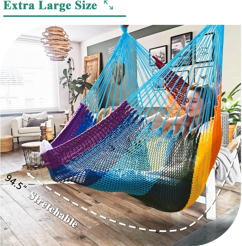 Bathonly Upgraded Caribbean Hammock Chair with Detachable Metal Bar, Large Hammock Swing Chair, XL Rope Hanging Chair for Outdoor Indoor, 330 LBS Weight Capacity, HawaiiRainbow - Image 3